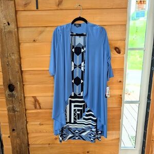 Blue Geometric Patterned Sleeveless Dress with Cardigan
